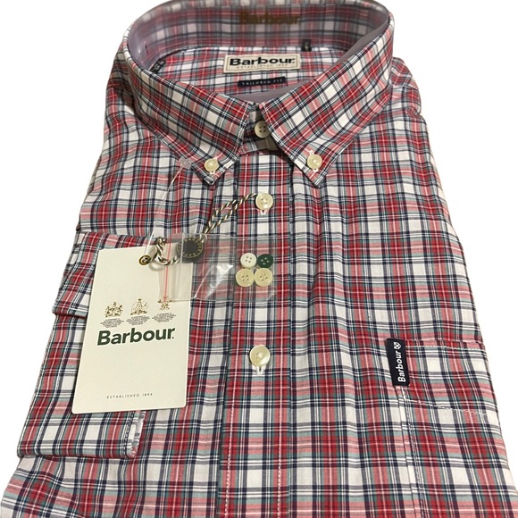 Barbour Men's Red White Plaid Cotton Tailored Fit Button Up Shirt XXL NWT - Picture 8 of 11